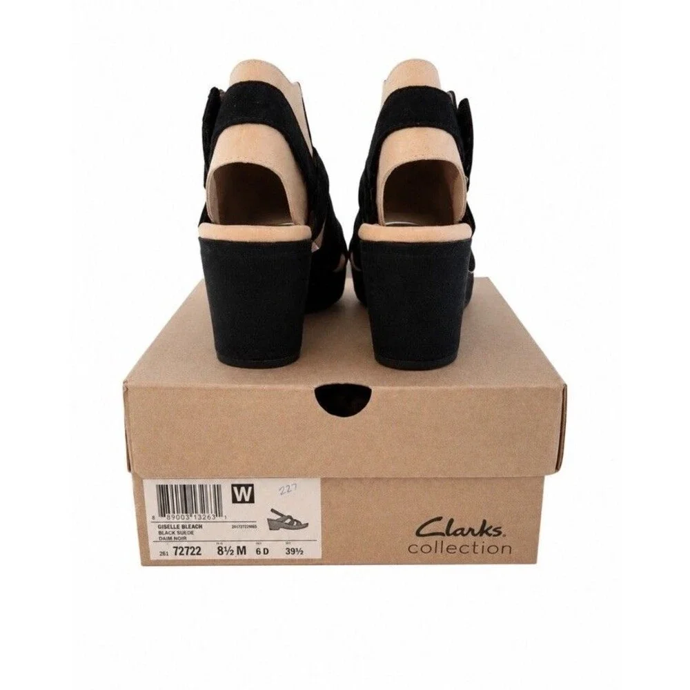 Clarks Giselle Beach Black Suede Leather Wedge Sandal US Size 8.5M New In Box